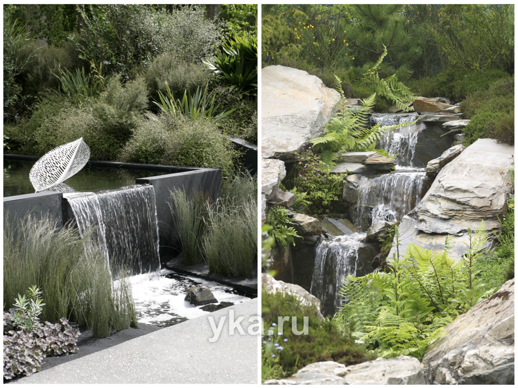 Водоем с водопадом всегда создает «вау-эффект» в ландшафте.