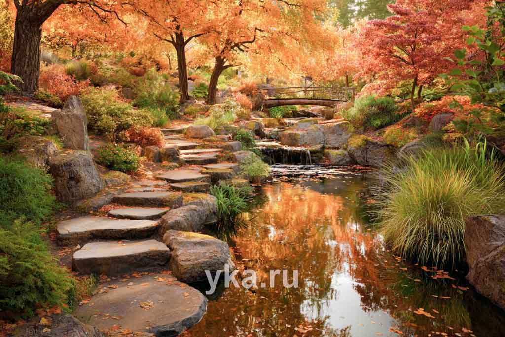 Зеркало пруда отражает свет осенних красок, а журчание водопада создает поэтическое настроение.